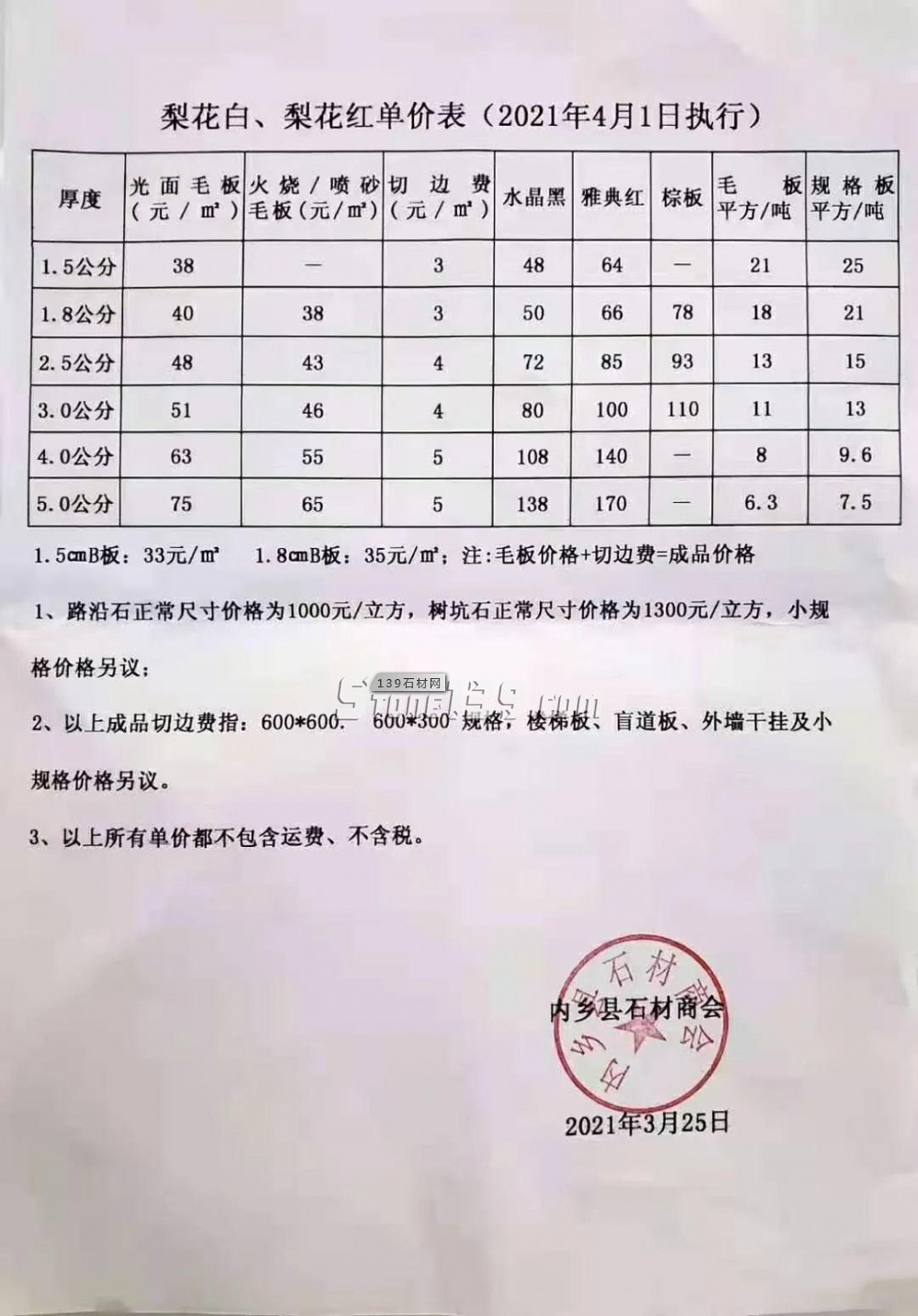 梨花白、梨花紅、染色板等內鄉(xiāng)花崗巖產品2021年4月1日執(zhí)行價格表單